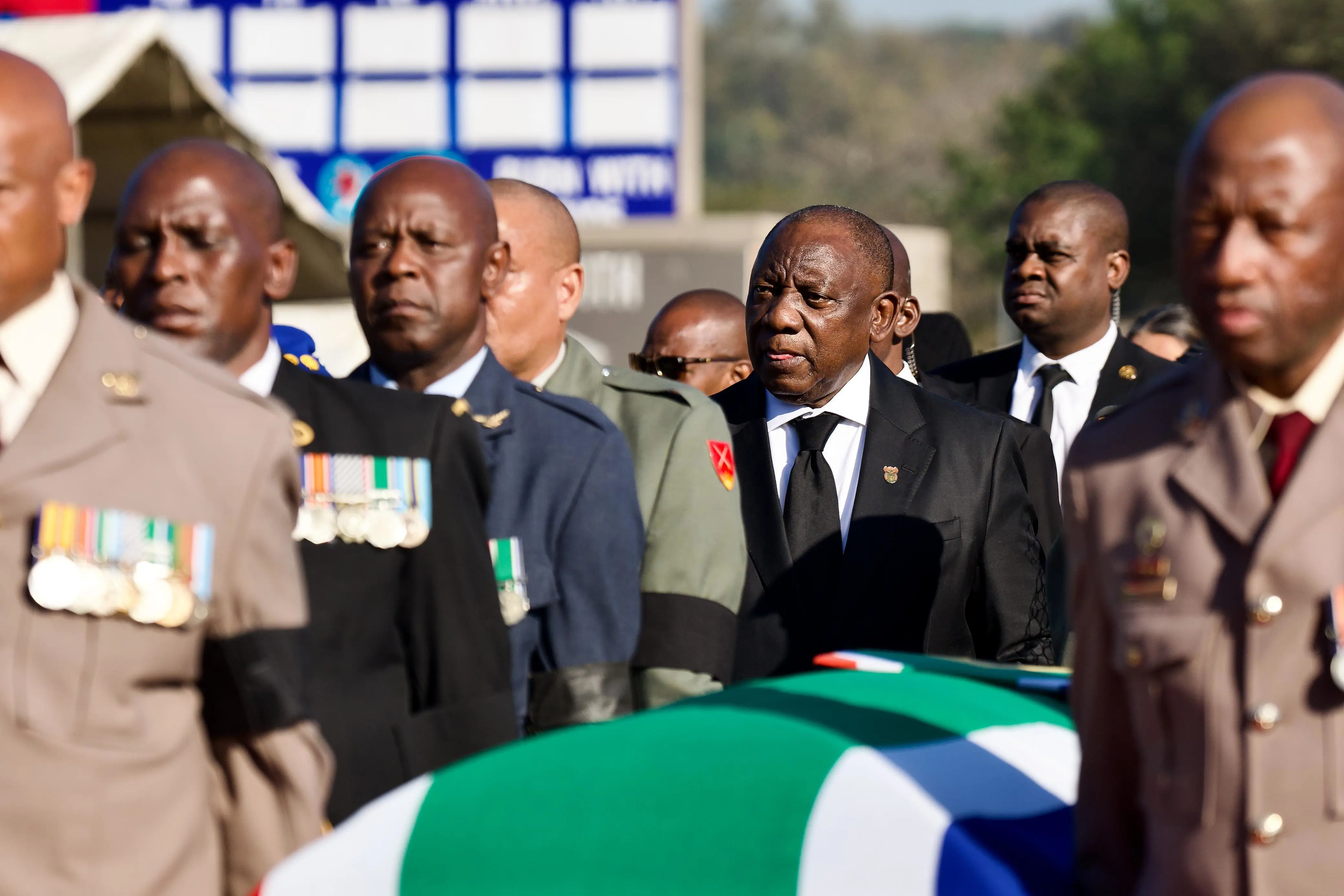 President Cyril Ramaphosa accompanies the coffin of his former deputy, David Mabuza, at his funeral service in Mbombela on 12 July 2025. Picture: Katlego Jiyane/EWN President Cyril Ramaphosa accompanies the coffin of his former deputy, David Mabuza, at his funeral service in Mbombela on 12 July 2025. Picture: Katlego Jiyane/EWN