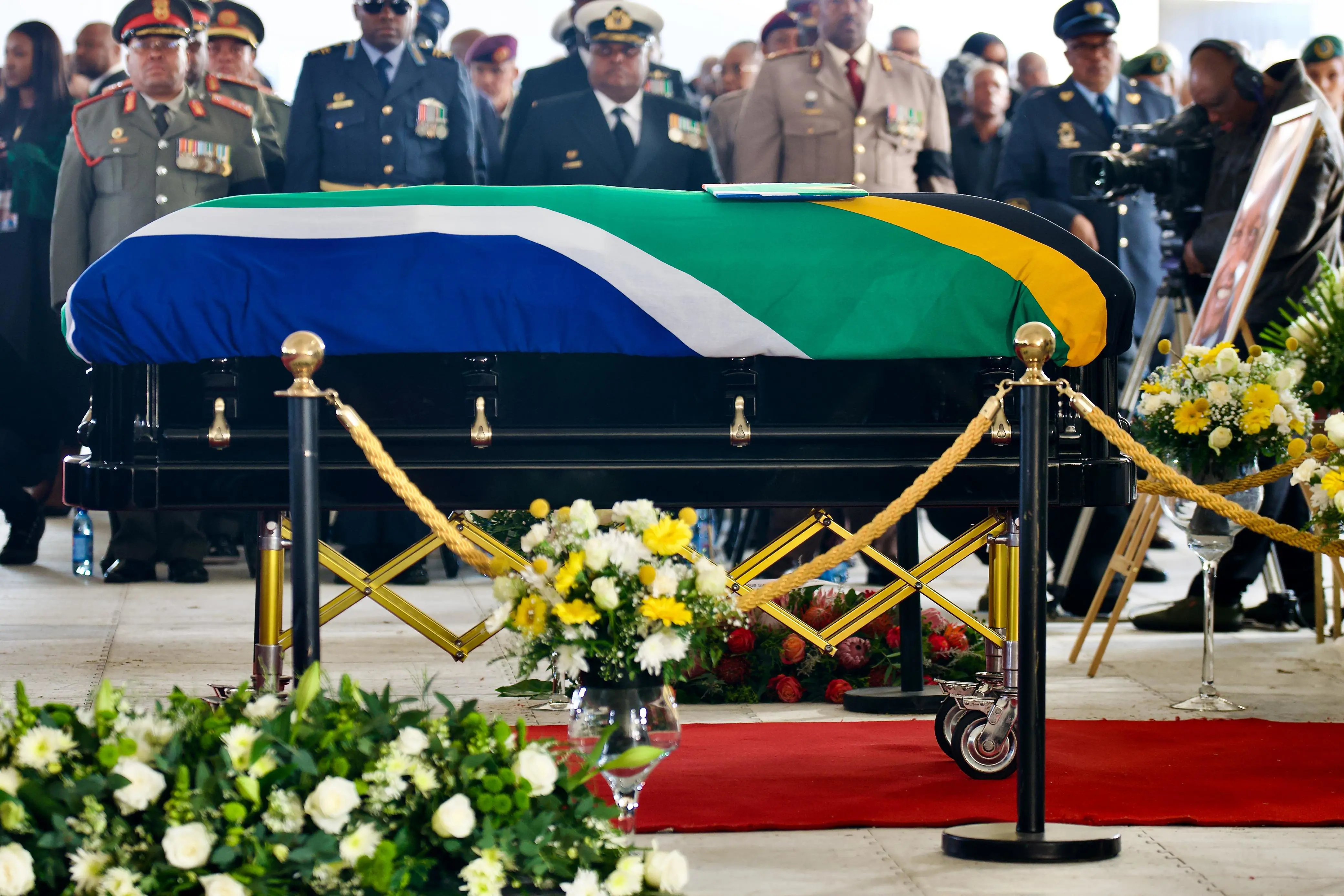 The body of former Deputy President David Mabuza at his funeral service at the Hoërskool Bergvlam in Mbombela, Mpumalanga on 12 July 2025. Picture: Katlego Jiyane/EWN The body of former Deputy President David Mabuza at his funeral service at the Hoërskool Bergvlam in Mbombela, Mpumalanga on 12 July 2025. Picture: Katlego Jiyane/EWN
