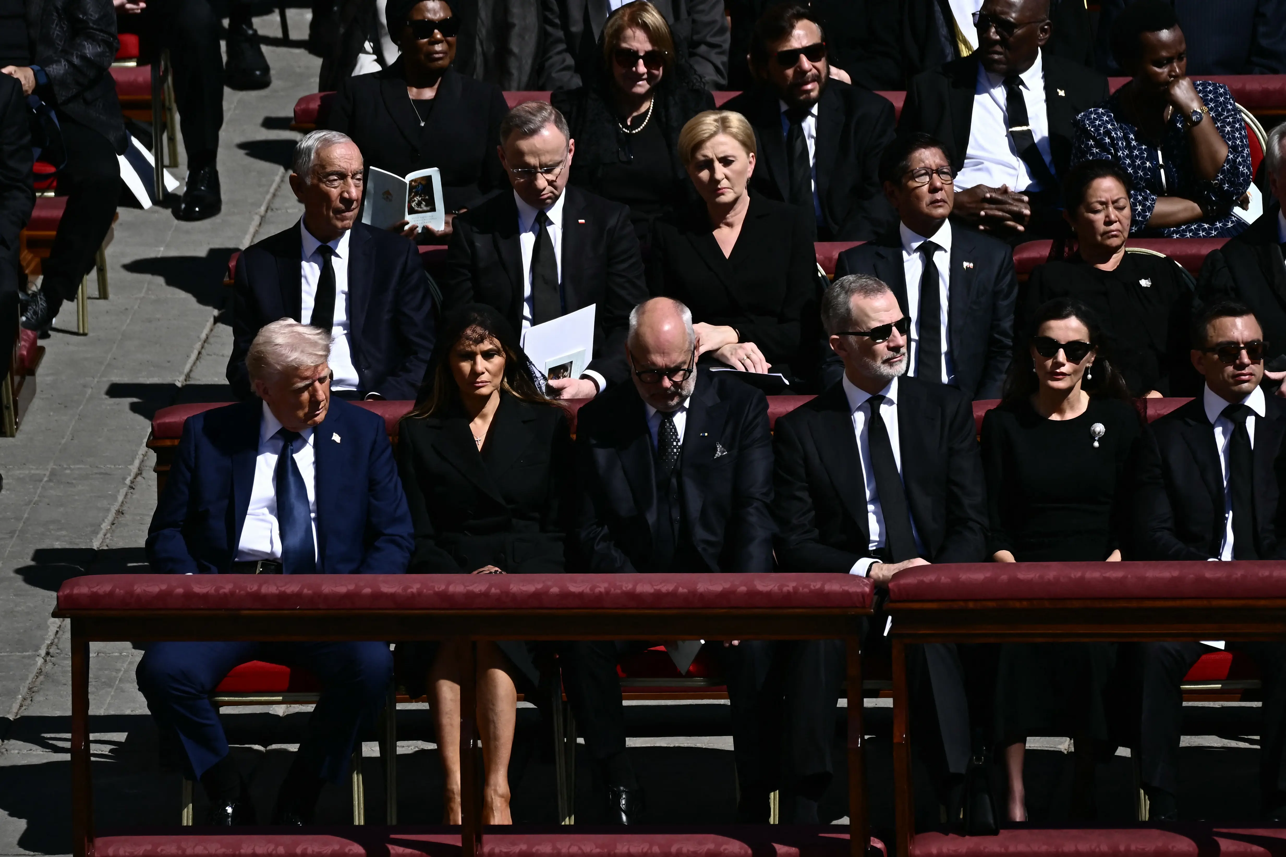 US President Donald Trump (L and First Lady Melania Trump (2L) stand alongside leaders including Estonia's President Alar Karis (C) Spain's King Felipe VI (2R) and Spain's Queen Letizia (R) as they attend the late Pope Francis' funeral ceremony at St Peter's Square at the Vatican on 26 April 2025. Picture: AFP US President Donald Trump (L and First Lady Melania Trump (2L) stand alongside leaders including Estonia's President Alar Karis (C) Spain's King Felipe VI (2R) and Spain's Queen Letizia (R) as they attend the late Pope Francis' funeral ceremony at St Peter's Square at the Vatican on 26 April 2025. Picture: AFP